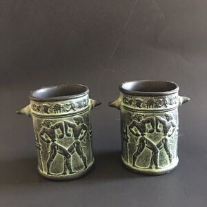 Greek Pottery Cup 4” Relief Terracota , Green Patina, Shows Life Of Prometheus